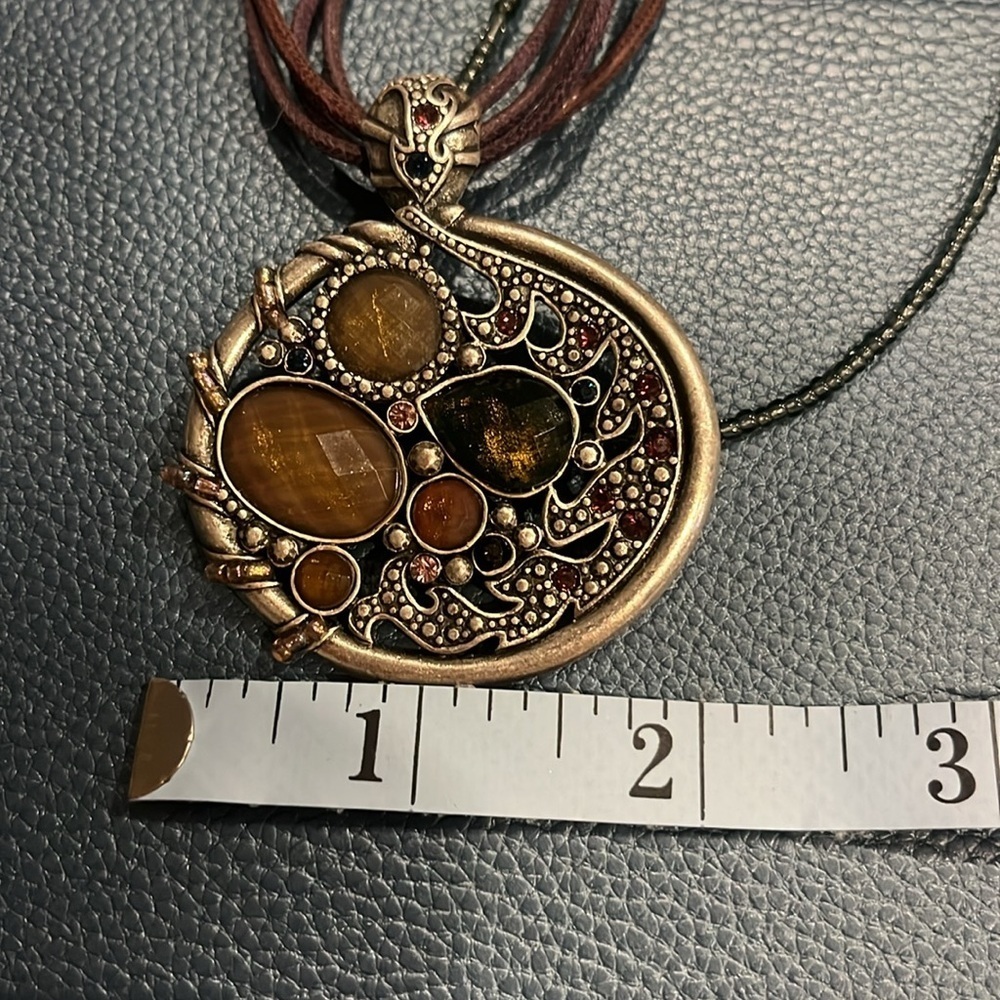 Boho Silver Statement Pendant Necklace Multi-Strand Purple Cord Earth Tones - Picture 6 of 6